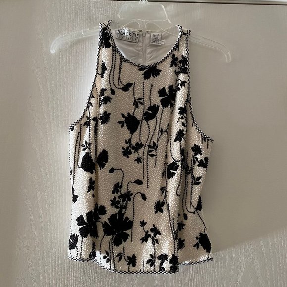vintage black tie oleg cassini floral beaded top - Picture 1 of 4
